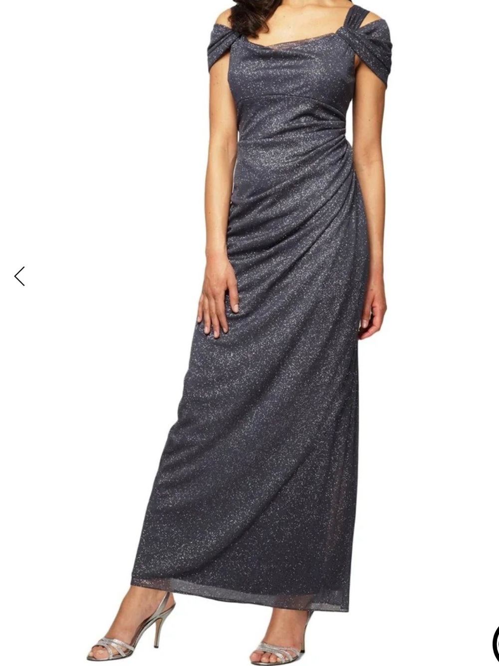 Alex Evenings Gray Glitter Draped Shoulder Cowl Neck Stretch Dress Gown Size 6